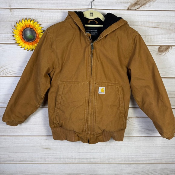 Carhartt Kids Brown Quilted Lined Hooded Canvas Work Jacket Size M 10 12